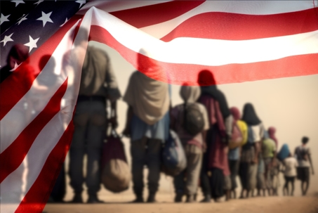 A group of migrants walking in a line through a dusty landscape, partially obscured by a large, waving American flag in the foreground. The image symbolizes immigration and U.S. border policies.