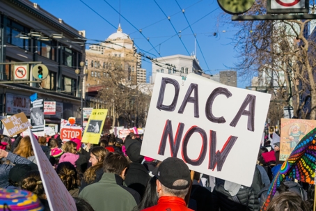 Protester at a rally with a sign "DACA NOW" Deferred Action for Childhood Arrivals